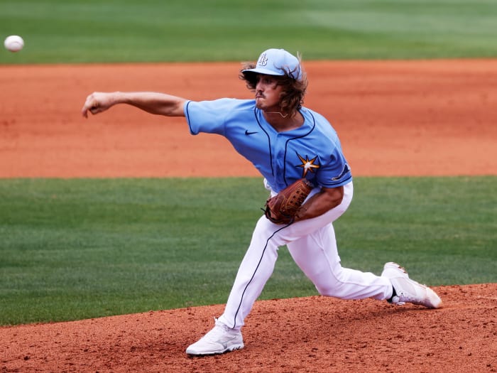 Mar 10, 2021; Port Charlotte, Florida, USA; Tampa Bay Rays pitcher Joe Ryan  (67) throws a pitch during the fourth inning against the Minnesota Twins  at Charlotte Sports Park.